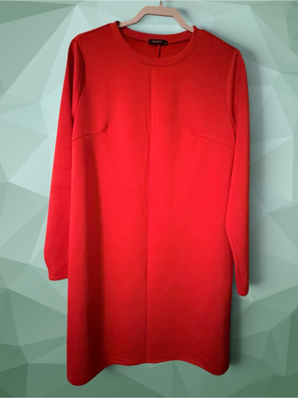SAMPEEL Red Long Sleeve Shift Dress L Stretch Knit Crew Neck Holiday
